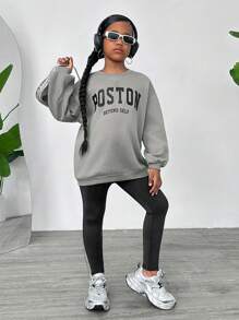 SHEIN Leap Crew 2 件 Tween 女童字母图案针织运动衫和裤子运动休闲套装