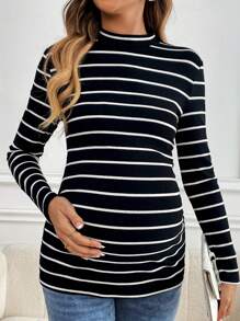 SHEIN Áo thun cổ tròn dài tay dành cho bà bầu trang bị áo thun thoải mái hợp thời trang - màu đen - Xem 6