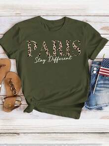 SHEIN LUNE 休闲简约豹纹与巴黎文字圆领短袖宽松T恤女款，适合夏季 - 軍綠色 - 查看 2