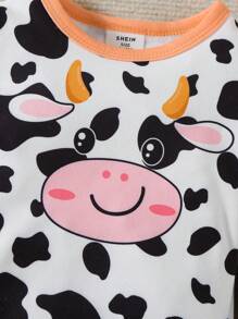 SHEIN 2 件装女婴可爱奶牛印花紧身上衣和裤子睡衣套装，橙色 - 橘色 - 查看 3