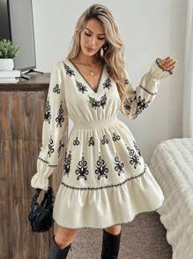 SHEIN LUNE Women's Casual Resort  Patterned A-Line Short Dress, Apricot-Colored - Apricot - View 1