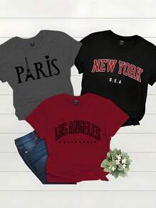INAWLY 3pcs Iron Tower English Text Graphic Crew Neck Short Sleeve T-Shirt For Women Graphic Tees Women Tops - Multicolor - View 3