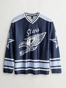 ROMWE MEN Prep 男式撞色印花长袖冰球球衣 T 恤，秋季