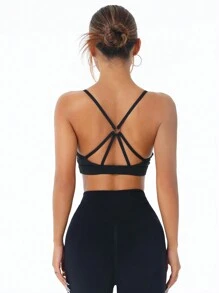 Easithlete Áo ngực thể thao thể thao hở lưng màu trơn cho nữ hàng ngày - màu đen - Xem 3