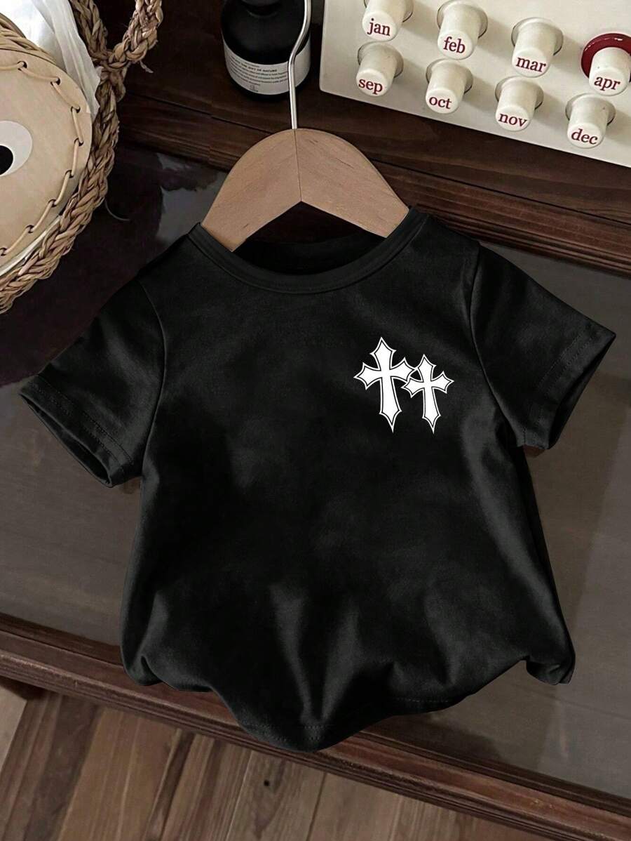 Baby Boys Casual Simple Cross Printed Crew Neck Graphic Tee, Spring And Summer - Black - View 1