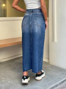 RueChic Chân váy xẻ tà cổ điển 100% cotton lưng vừa - Màu xanh lam - Xem 2