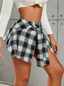 Áo khoác ngoài họa tiết kẻ caro Y2K phong cách đường phố, buộc dây phía trước, vạt áo bất đối xứng, thích hợp cho lễ hội âm nhạc, đi chơi hàng ngày, đi nghỉ mát, đa năng cho mùa xuân và mùa hè. - Nhiều màu - Xem 4