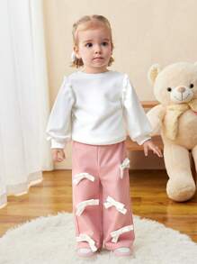 SHEIN Baby Girl Cute Pink Bow Elastic Waist Pants, Autumn/Winter