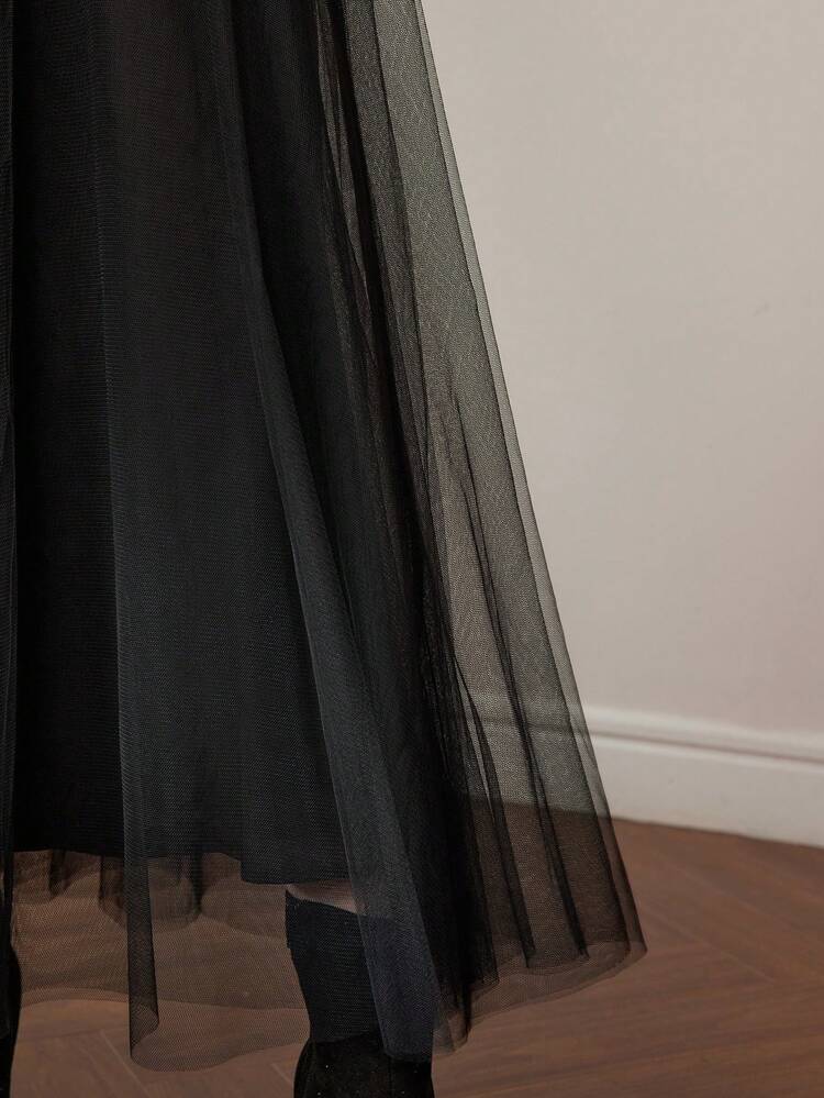 MESH FLARE HEM ELASTIC WAIST MAXI SKIRT