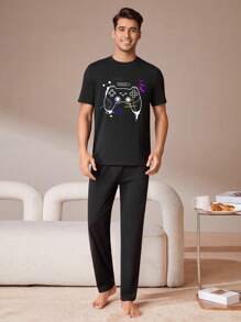 EURMUSE Cotton Men Gamepad Printed Regular Longsleeve Homewear Set - Black - View 1
