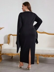 Modelyn 大码女式圆领喇叭袖长款褶饰修身优雅连衣裙 - 黑色 - 查看 2