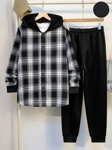 SHEIN 2 peças/Conjunto Moletom Estilo Universitário Confortável e Quente com Remendos, Camisa e Calça com Remendos, para Adolescentes, Lembrancinhas de Festa, Looks Volta às Aulas, Outono/Inverno - Multicolorido - Visão 3