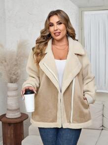 SHEIN LUNE Chaqueta informal de moto de manga larga con cuello de solapa y bloque de color para mujer de talla grande para otoño e invierno, ropa de invierno