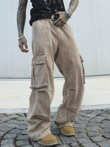 Manfinity EMRG Quần Cargo Denim Giặt Thường Ngày Cho Nam - Màu Khaki - Xem 3