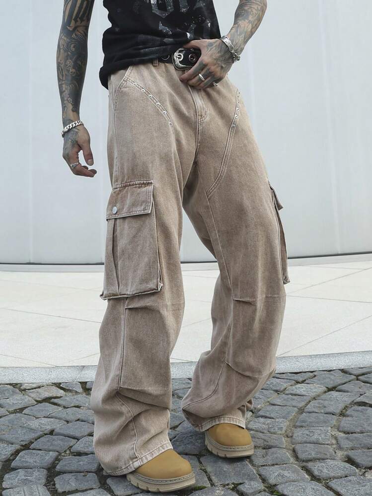 Manfinity EMRG 男式休闲洗水牛仔工装裤 - 卡其色 - 查看 3