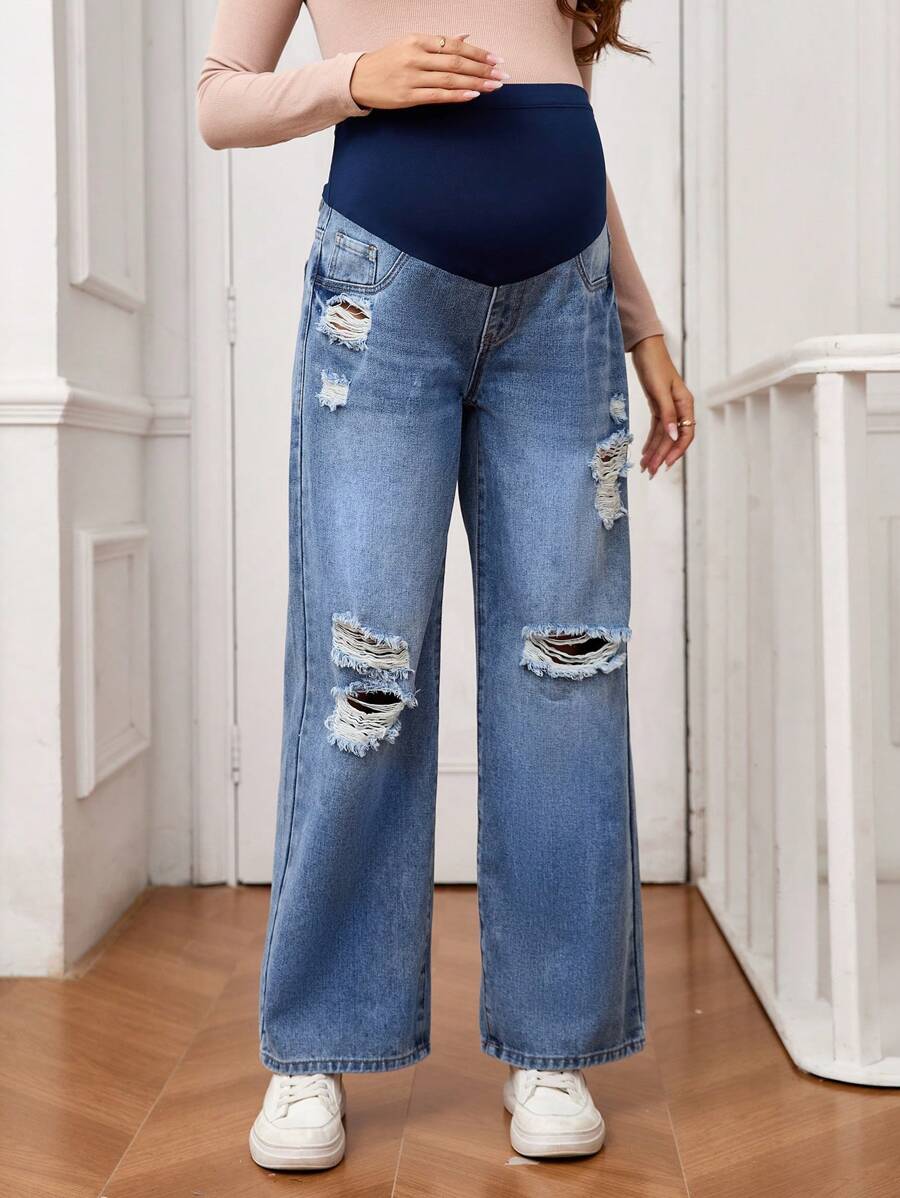 SHEIN Adjustable Waist Ripped Straight Loose Casual All-Match Maternity Jeans - Medium Wash - View 1