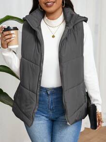 SHEIN Frenchy 大码女式纯色拉链领休闲连帽加厚背心夹克，冬季 - 灰色 - 查看 4