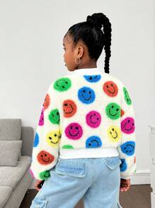 SHEIN Felpa corta oversize con collo alto reversibile e stampa di volto sorridente colorato per ragazze pre-adolescenti - Multicolore - Visualizzare 2