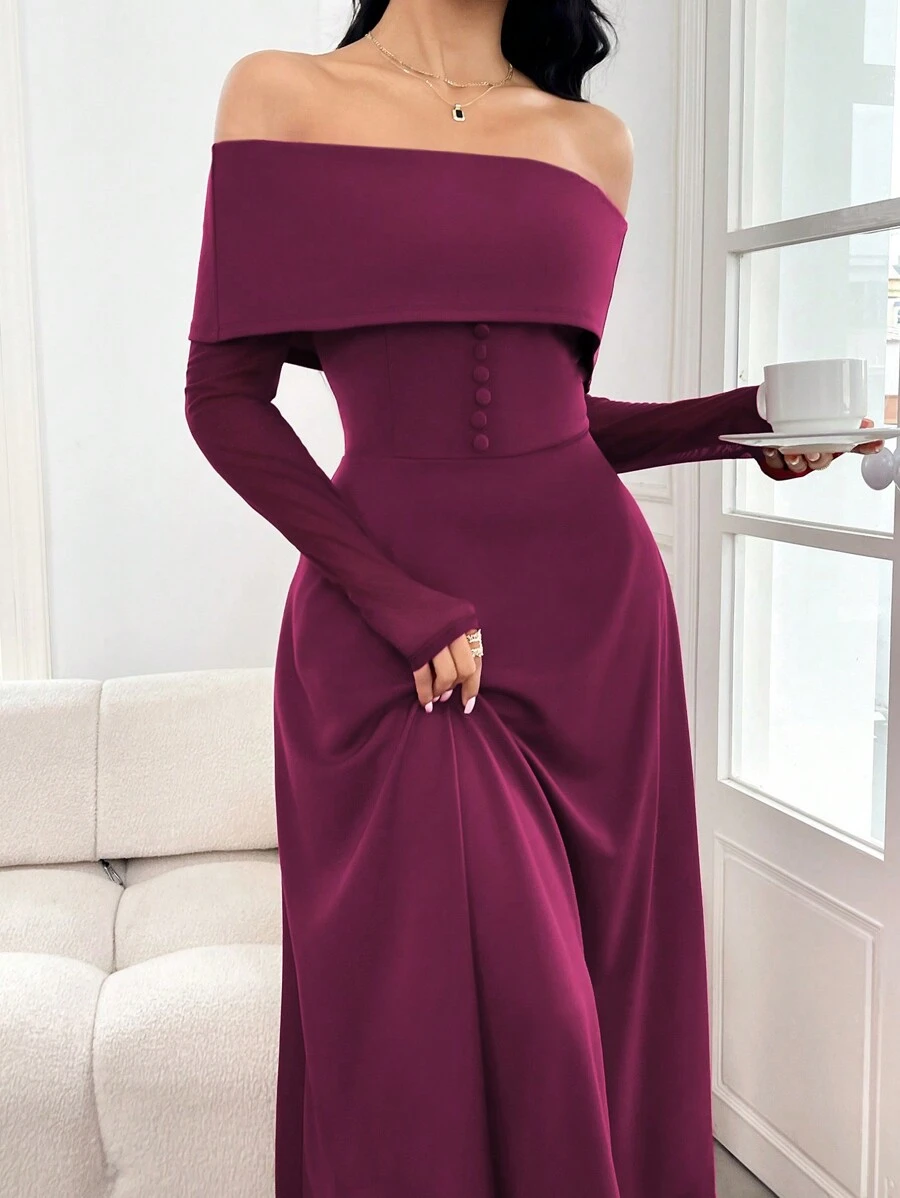Modelyn Đầm dài trễ vai màu trơn thanh lịch cho nữ, Đầm dạ hội dài mùa thu - Màu đỏ tím - Xem 1
