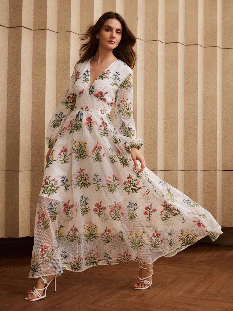 Women Long Sleeve Embroidered Dress