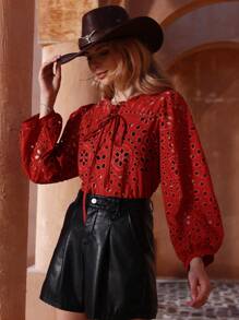 Aveloria Random Embroidery Solid Color Hollow Out Casual Long Sleeve Shirt - Rust Brown - View 6