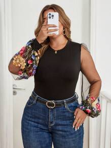 SHEIN Clasi Blusa entallada de manga farol con bordado y malla para mujer de talla grande, otoño