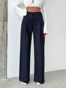 SHEIN Cottnline بنطال بنمط شريطي مع قصة عادية - أزرق بحري - مشاهدة 1