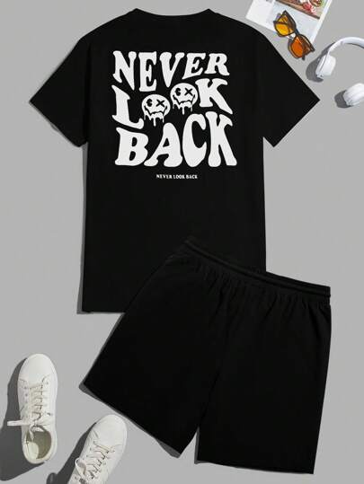 Manfinity BRENVOR 男士夏季休闲标语印花圆领短袖 T 恤和短裤套装，舒适服装