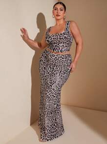 SHEIN BAE Plus Size Women Low Waist Leopard Print   Super Long Semi-Skirt & Suitable For Music Festival Wear And Daily Street Fashion Skirts - Apricot - View 6