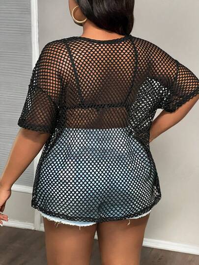Slaydiva Plus Size Casual Streetwear Black See-Through Loose Half Sleeve Round Neck Regular T-Shirt, Spring & Autumn