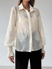 SHEIN Clasi Blusa de manga larga con botones de moda, elegante y encantadora para mujer - Albaricoque - Ver 5