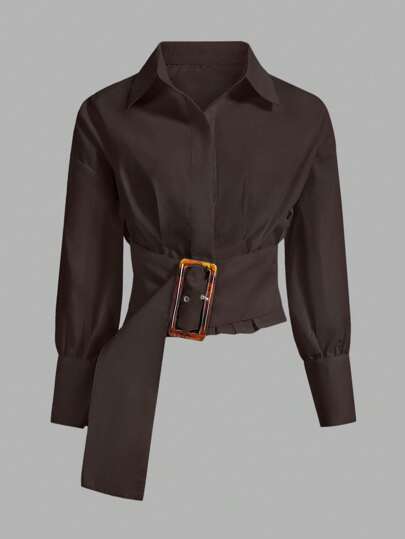 Aveloria Modichic Women's Spring Summer Long Sleeve Casual Office Wear Shirt With Waist Buckle Design  Fall Cloth For Women