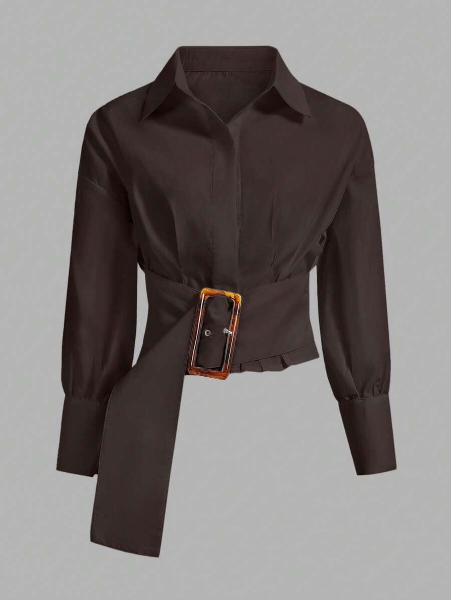 Aveloria Modichic 女士春夏长袖休闲办公衬衫，腰带扣设计 - 棕色 - 查看 1