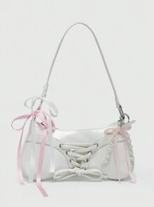 ROMWE Kawaii Túi đeo vai Baguette đeo dưới cánh tay phong cách ballet cổ điển dành cho nữ có nơ trang trí và ren ngọc trai - trắng - Xem 1