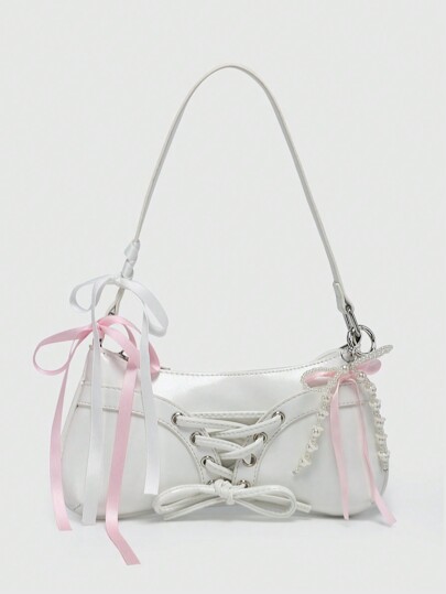 Kawaii Borsa a tracolla/sotto braccio a baguette con decorazione a catena e perle, stile retrò da ballerina con fiocco, per le donne