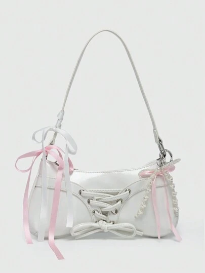 ROMWE Kawaii Women's Retro Ballerina Style Bow Decor Chain & Pearl Lace Decor Sling/Underarm Baguette Shoulder Bag