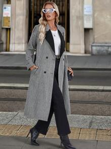 SHEIN Clasi 女士休闲通勤时尚商务撞色罗纹纹理中长款常规羊毛大衣保暖 - 彩色 - 查看 6