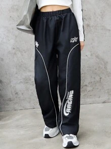 少女字母印花撞色修边裤