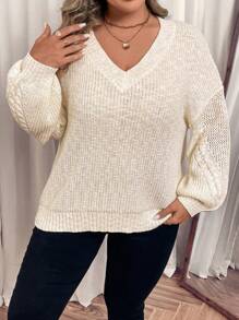 SHEIN VCAY Plus Size V-Neck White Sweater With Special Textured Yarn,Floral Knit Sleeve,Autumn Smart Casual Everyday Elegant Woman Clothing For Winter,Parties - White - View 6