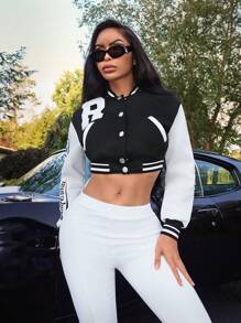 Zolique 女士春秋休闲字母印花落肩短款棒球夹克 - 黑與白 - 查看 3