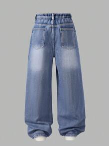 Teenager Jungen Vintage Denim mit Leoparden Muster und Abnutzungen, Relaxed Fit Allround Lässig Schul Denim Hose