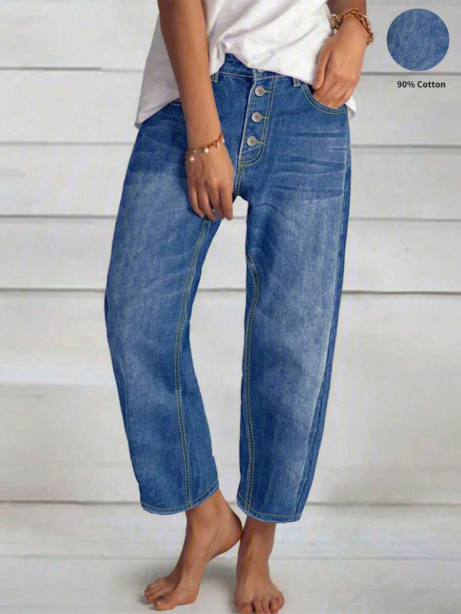 Women's Button Front Mid-Rise Straight Leg Jeans With Patchwork And Frayed Hem Detail - Dark Wash - View 1