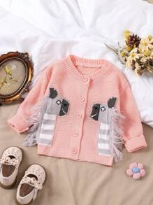 Baby Girl Cartoon Animal Graphic Long Sleeve Casual Cute Cardigan, Fall/Winter - Pink - View 1