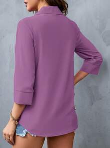 SHEIN LUNE Blusa casual, elegante y de color liso con cuello en V y manga larga para mujer - Morado - Ver 2