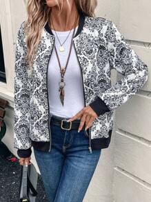 EMERY ROSE Chaqueta bomber casual con cremallera, de manga larga y estampado de retazos en toda la prenda para mujeres - Multicolor - Ver 4