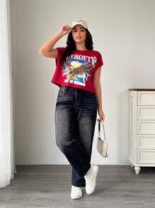SHEIN EZwear CURVE Camiseta de unicolor con gráfico de águila para mujer talla grande - Burdeos - Ver 6