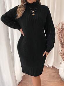 SHEIN Clasi Vestido de suéter de cuello alto de manga larga con textura talla grande