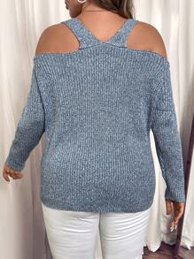 SHEIN Clasi Áo chui đầu Casuar mùa đông cỡ lớn, thích hợp cho các chuyến đi chơi, mua sắm, tụ tập, ăn trưa, hẹn hò và ngày lễ. Áo len cổ chữ V hở vai gợi cảm thiết kế khoét sâu nhiều màu bằng sợi móc - Màu xanh bụi bặm - Xem 2