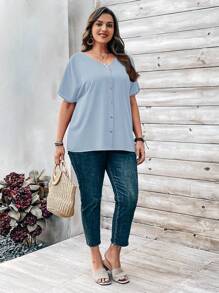 EMERY ROSE 大码女式橙色纽扣缀饰短袖衬衫，适合春季 - 淺藍色 - 查看 5