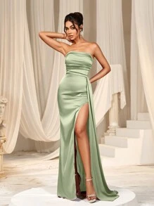 Faeriesty 女士优雅褶皱胸部露背系带开衩大腿缎面正式婚礼派对礼服，夏季度假装 - 綠色 - 查看 1